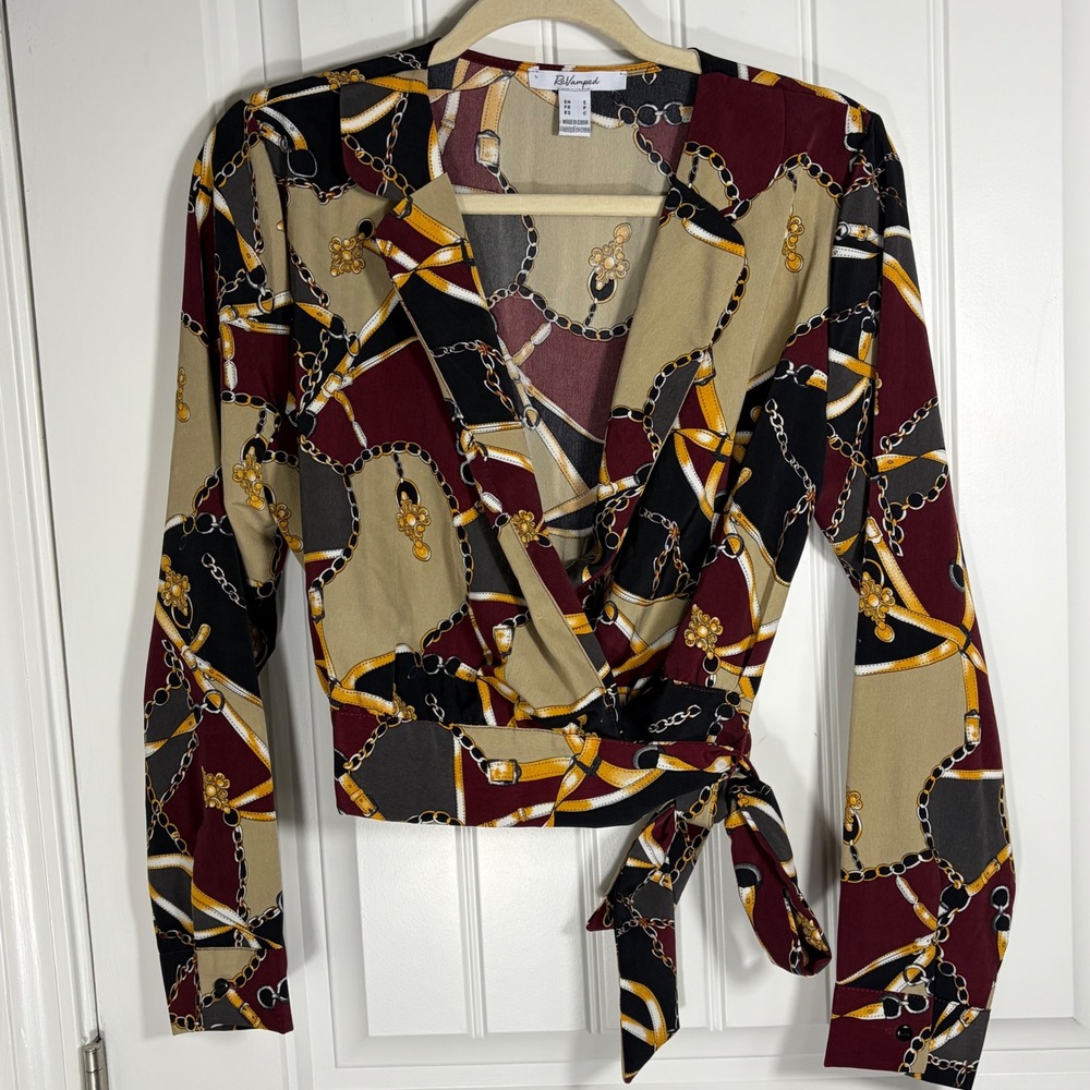 Revamped Women Small Chain Print Wrap Top Long Sleeve Burgundy Tan SS02-929
